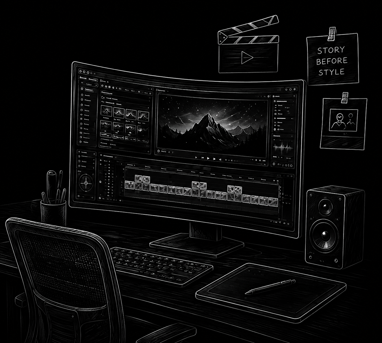 Line-art illustration of a video editing desk